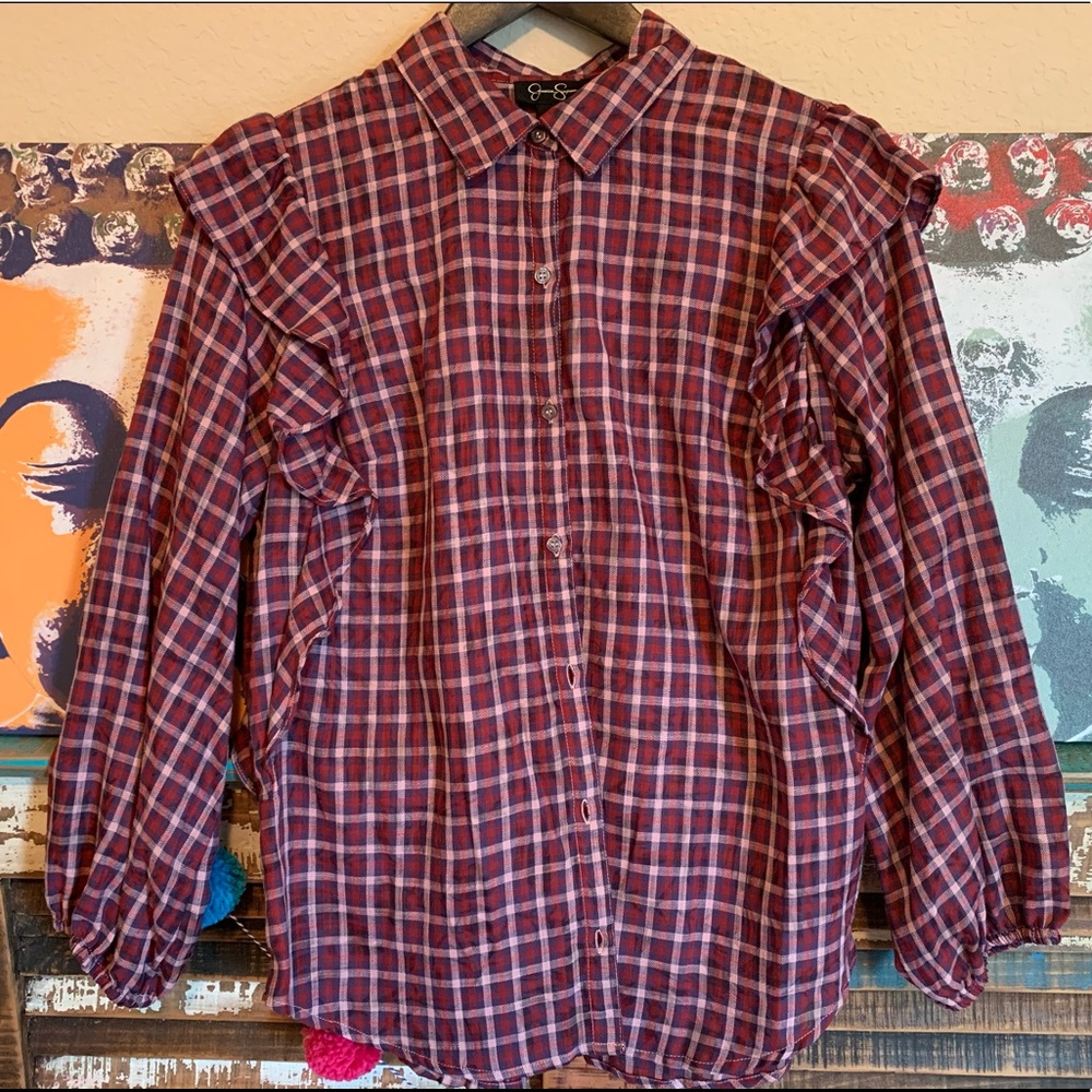NWT Jessica Simpson Dylan’s Plaid Sadie Blouse M